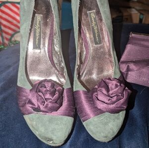 Gray Suede Stilettos With Purple Floral Accent. Matching Bag Included